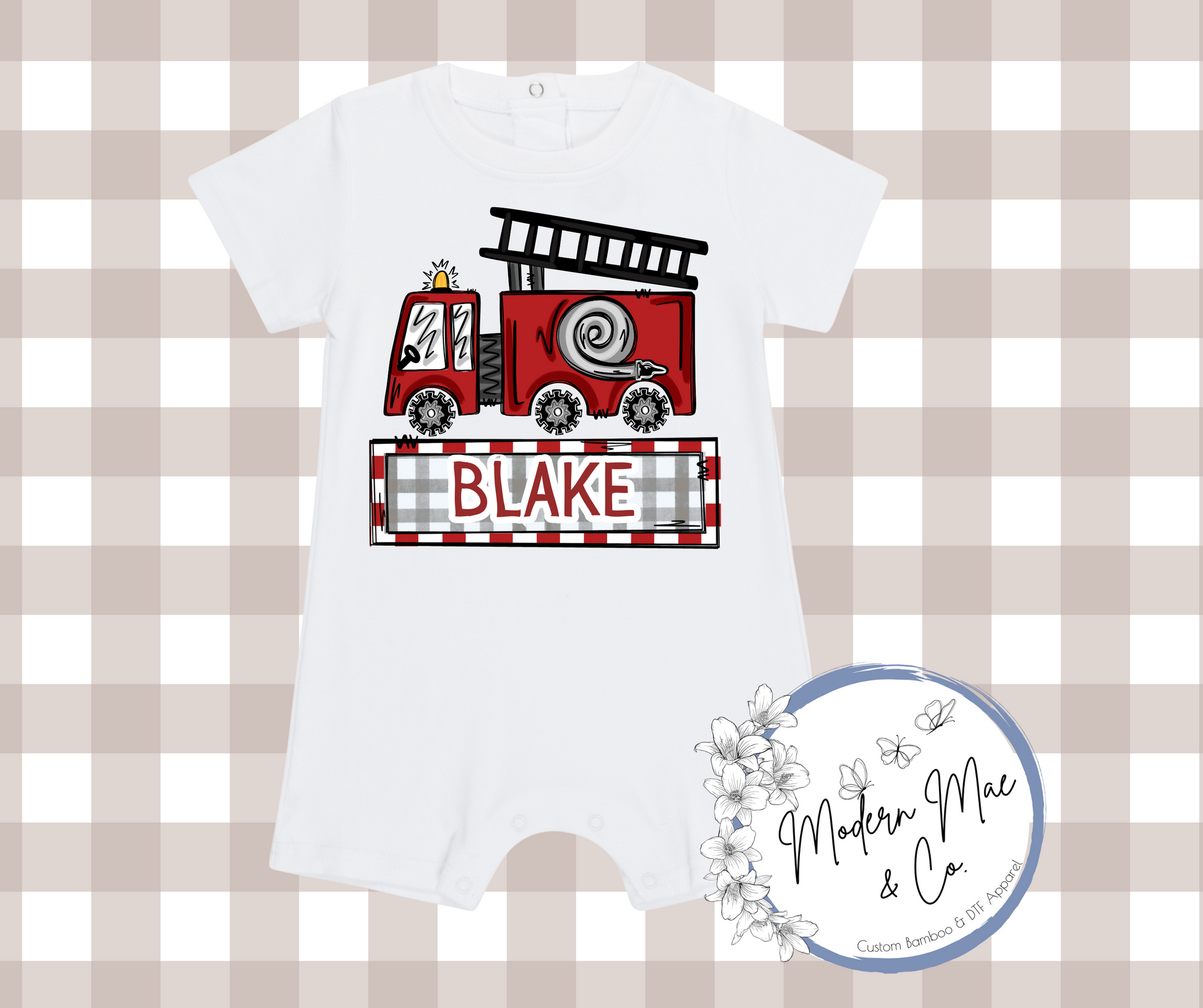 Boy SS Romper - Personalized Fire Truck