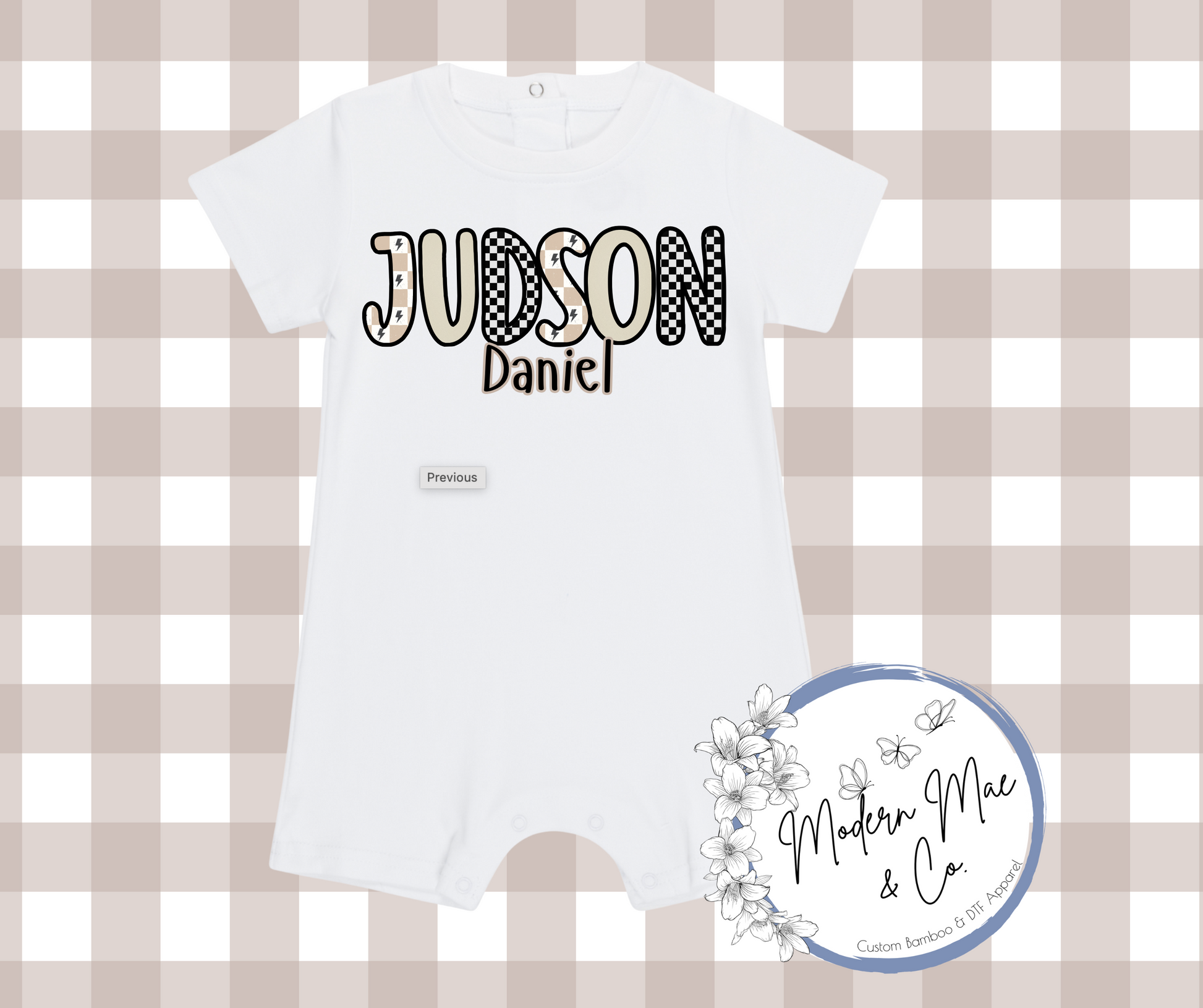Boy SS Romper - Personalized Thunderbolt and Checkered Flag