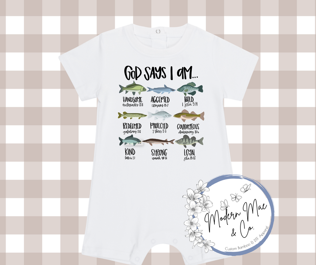 Boy SS Romper - God Says I Am - Fish Theme