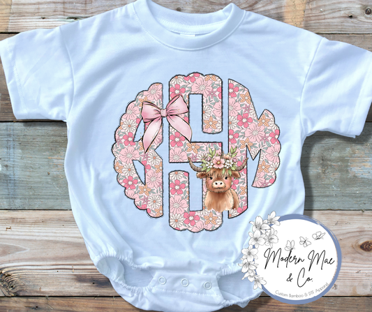 Personalized - Monogram - Highland Cow and Pink Bows